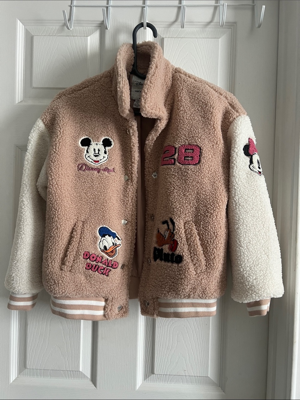 Forever 21 Pink & White Teddy Sherpa Pea Coat with Disney Patches